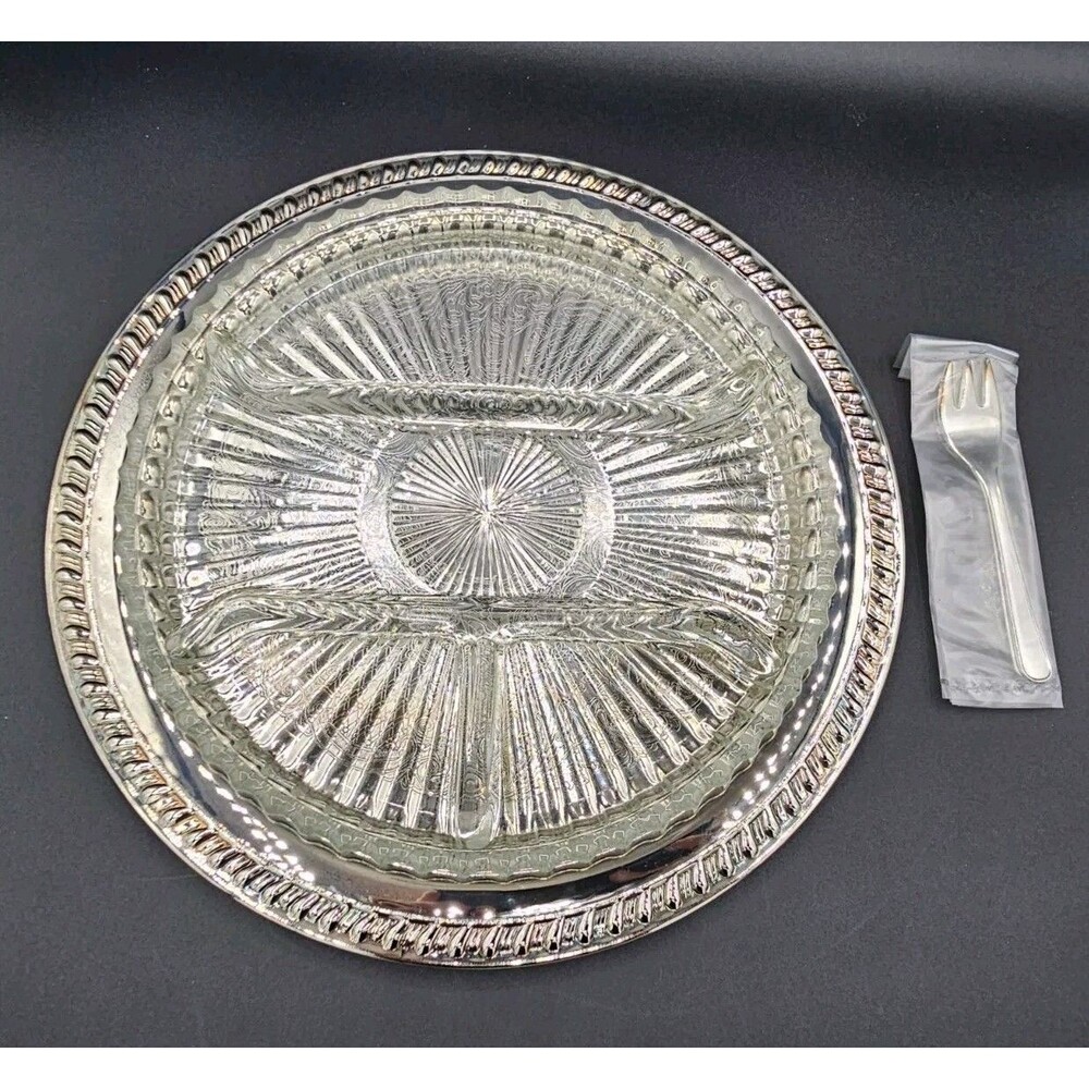 Vtg Leonard Silver Plated Server Glass Divided Tray 4 New Serving Forks Relish